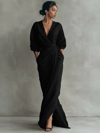 Women's wrap maxi dress with V-neckline, gathered waist and front split