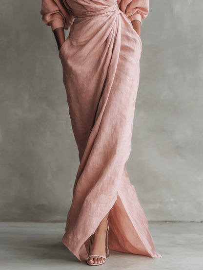 Women's wrap maxi dress with V-neckline, gathered waist and front split