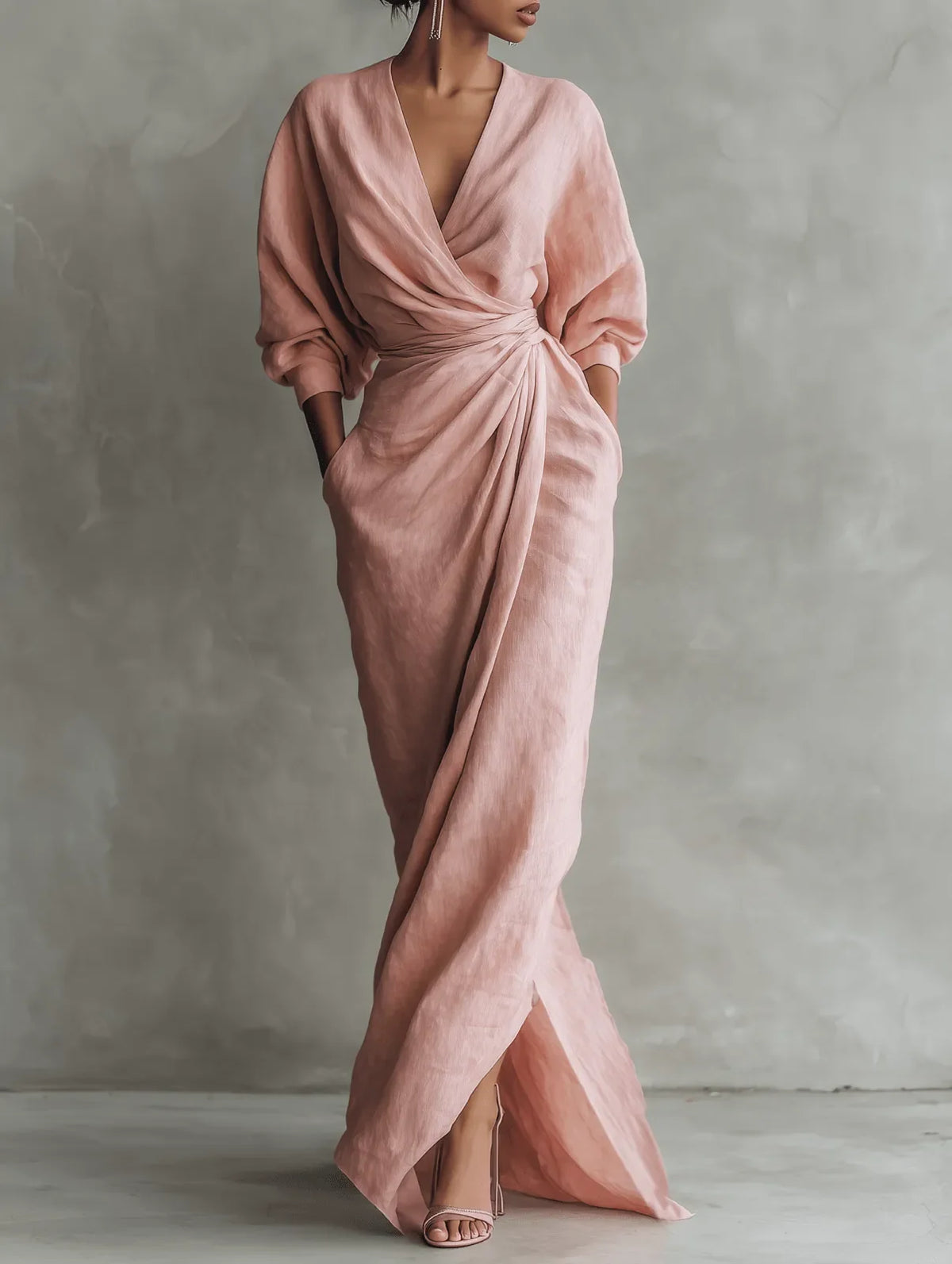 Women's wrap maxi dress with V-neckline, gathered waist and front split