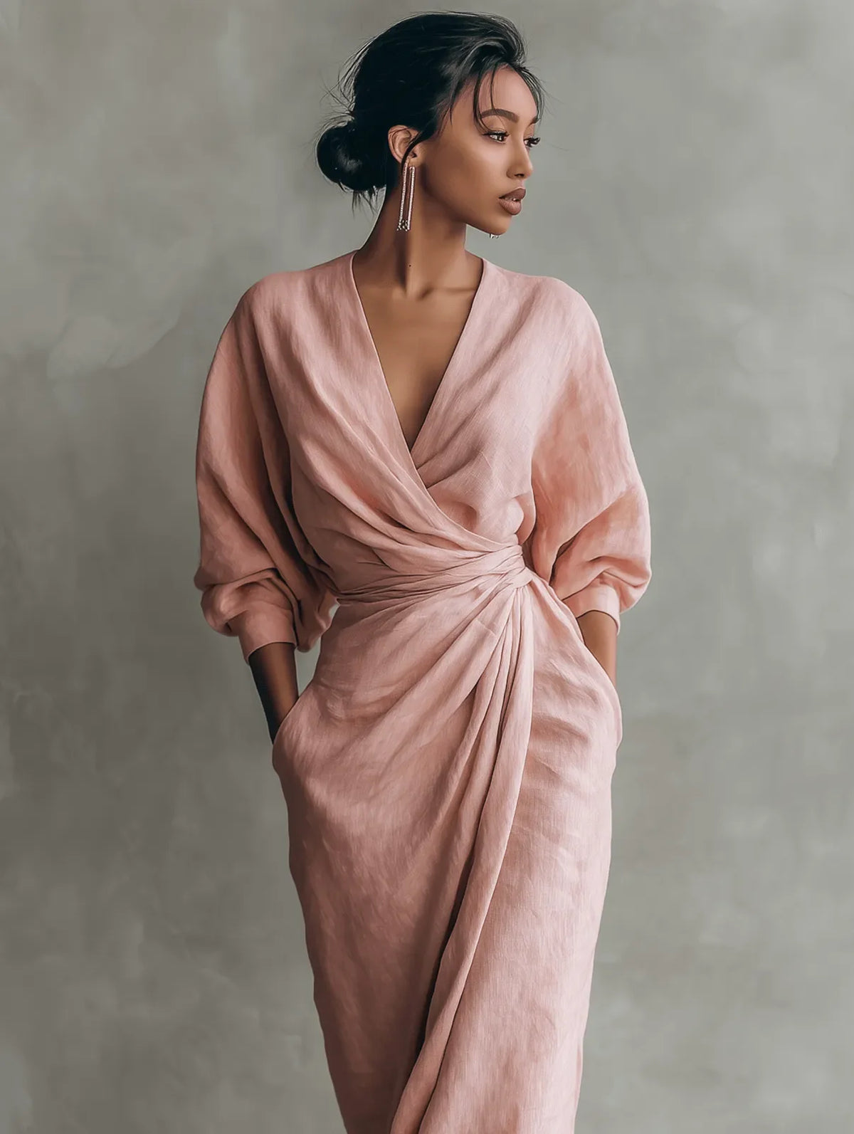 Women's wrap maxi dress with V-neckline, gathered waist and front split
