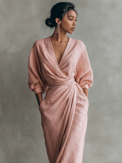 Women's wrap maxi dress with V-neckline, gathered waist and front split