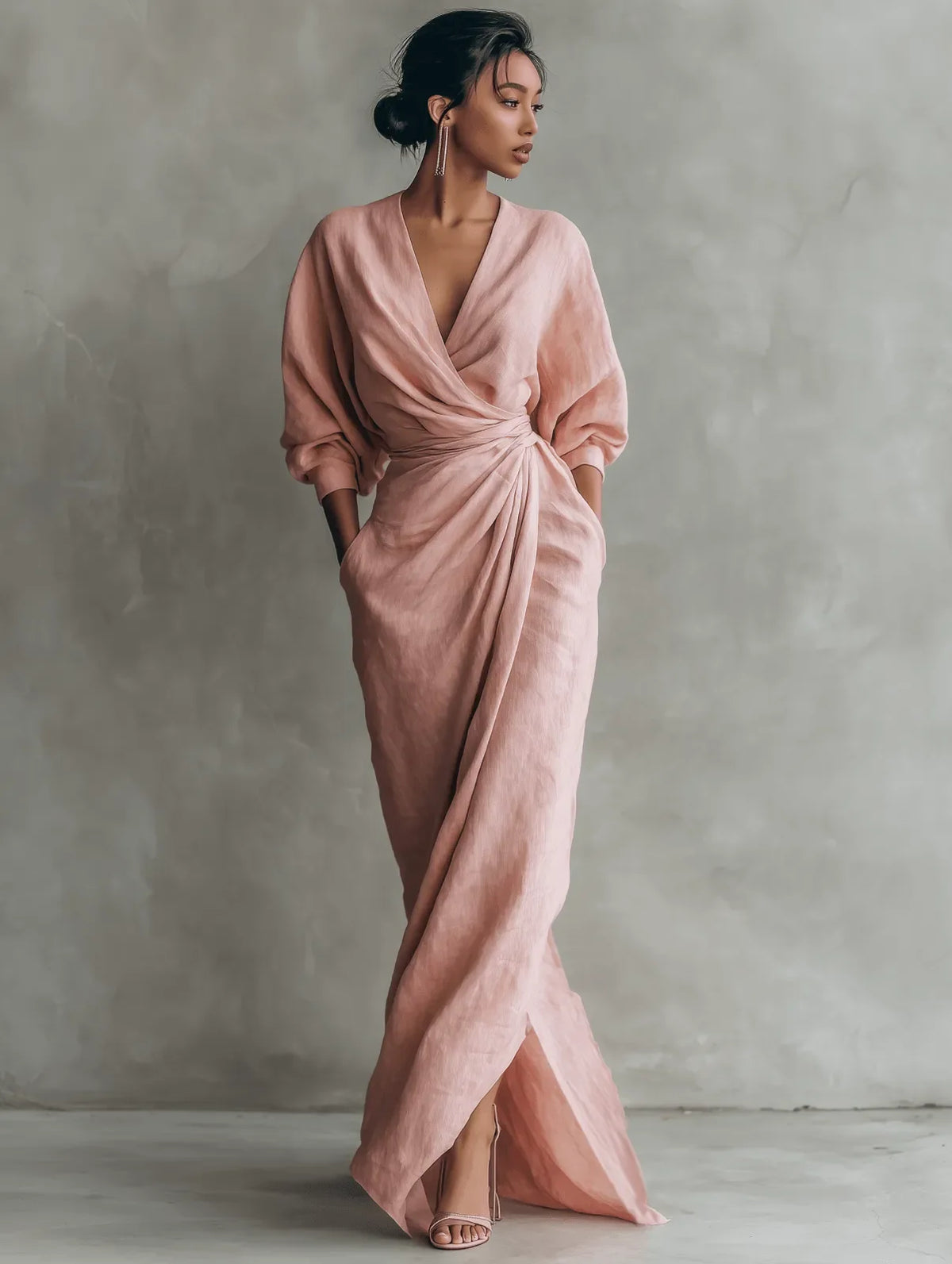 Women's wrap maxi dress with V-neckline, gathered waist and front split