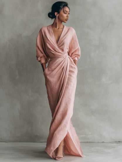 Women's wrap maxi dress with V-neckline, gathered waist and front split
