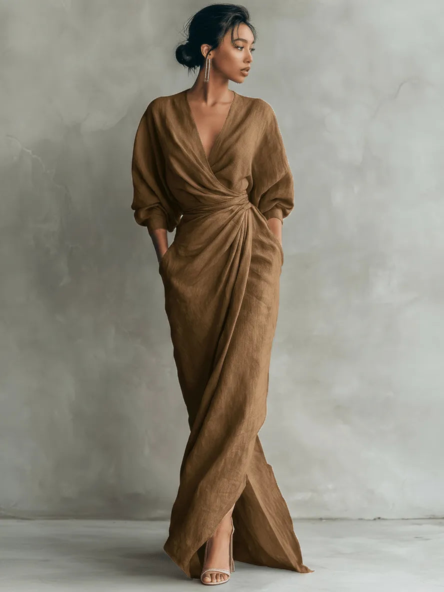 Women's wrap maxi dress with V-neckline, gathered waist and front split