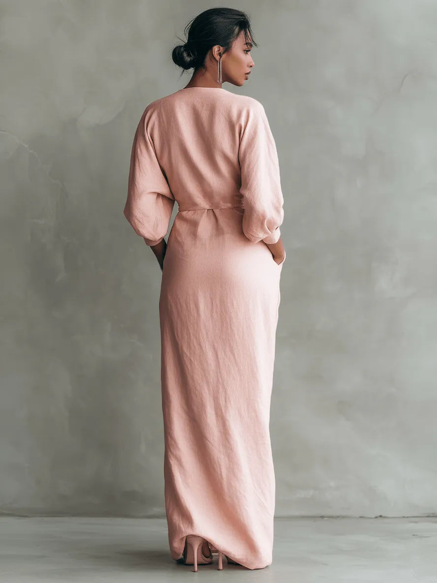 Women's wrap maxi dress with V-neckline, gathered waist and front split
