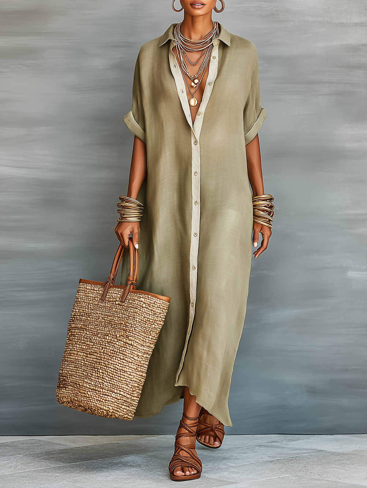 Women's short-sleeve shirt maxi dress with pointed collar and front buttons