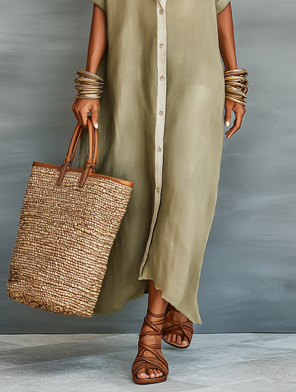 Women's short-sleeve shirt maxi dress with pointed collar and front buttons