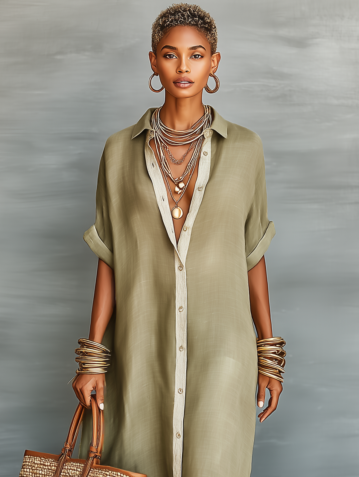 Women's short-sleeve shirt maxi dress with pointed collar and front buttons
