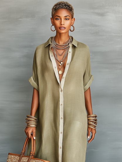 Women's short-sleeve shirt maxi dress with pointed collar and front buttons