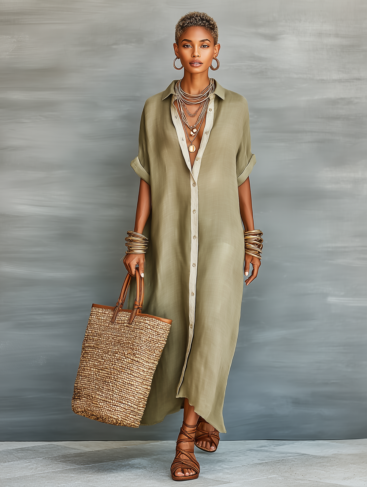Women's short-sleeve shirt maxi dress with pointed collar and front buttons