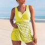 Women's one-piece swimsuit with ruched bodice and patterned skirt overlay