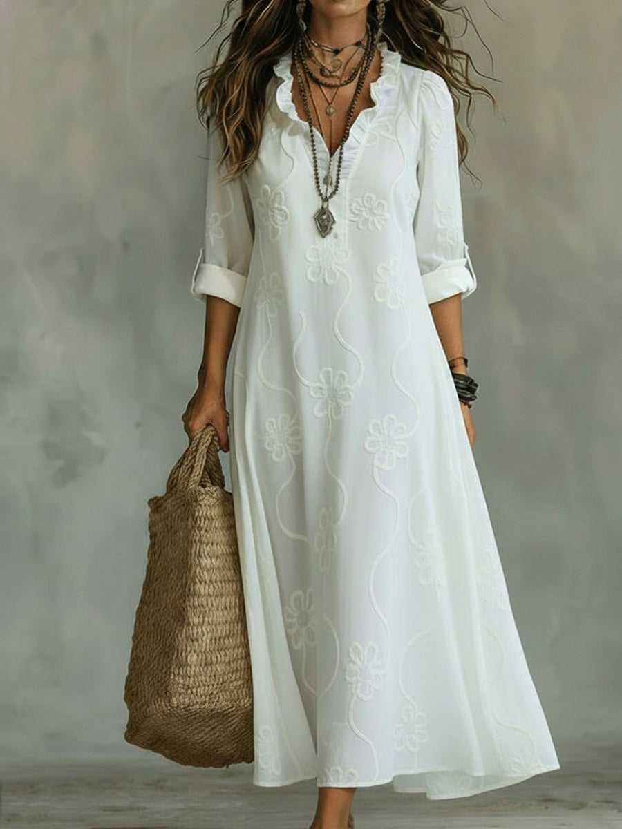 Women's floral A-line maxi dress with ruffled V-neck and long sleeves
