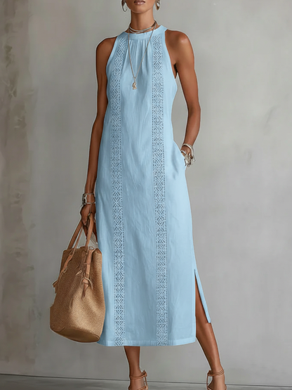 Women's sleeveless midi dress with Mandarin collar and vertical decorative trim panels