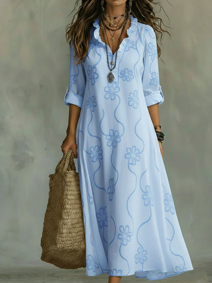 Women's floral A-line maxi dress with ruffled V-neck and long sleeves