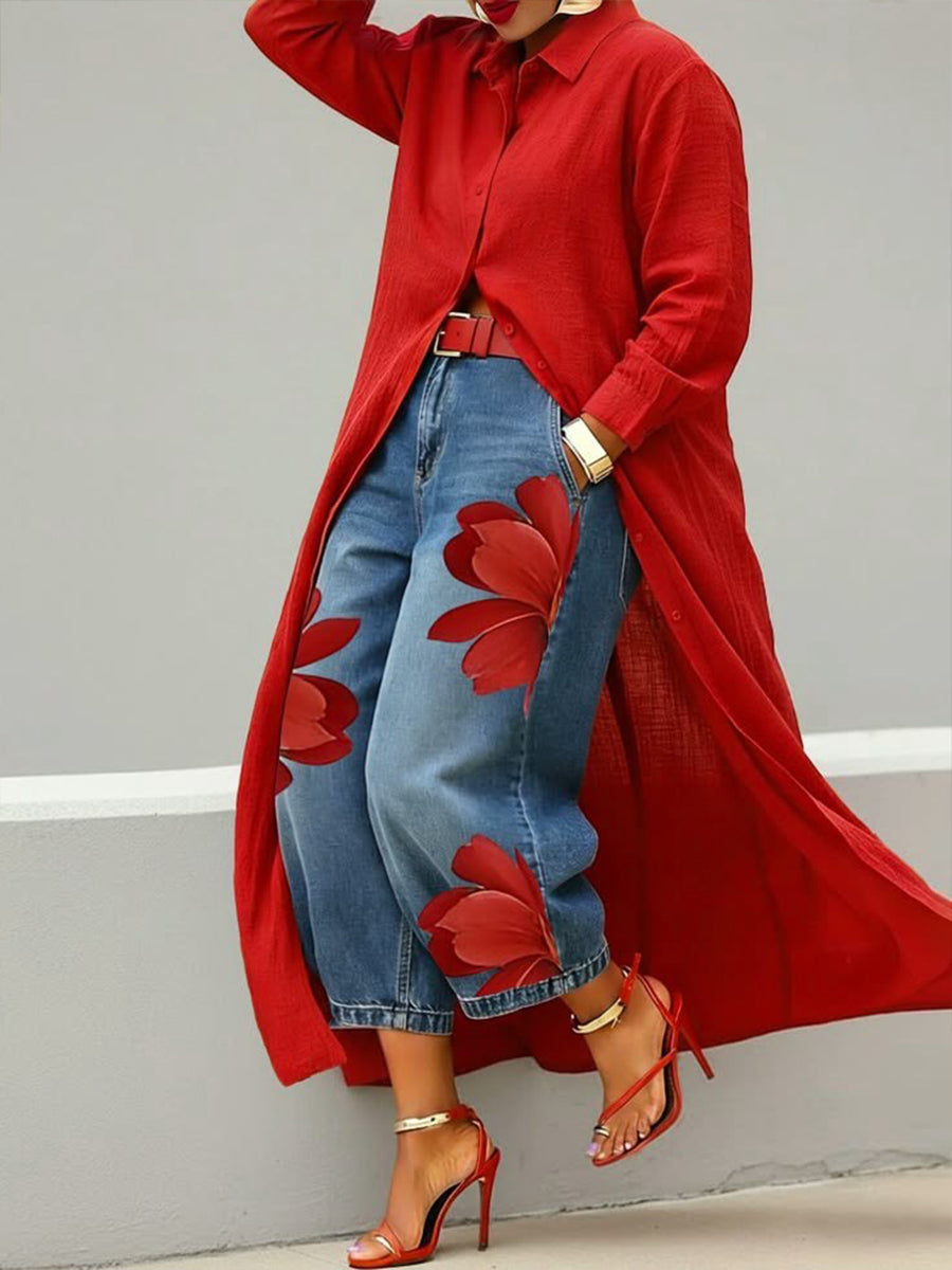 Women's long floral shirt dress worn over cropped wide-leg jeans