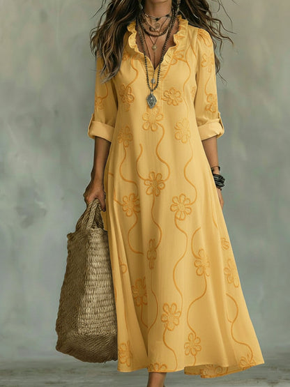 Women's floral A-line maxi dress with ruffled V-neck and long sleeves