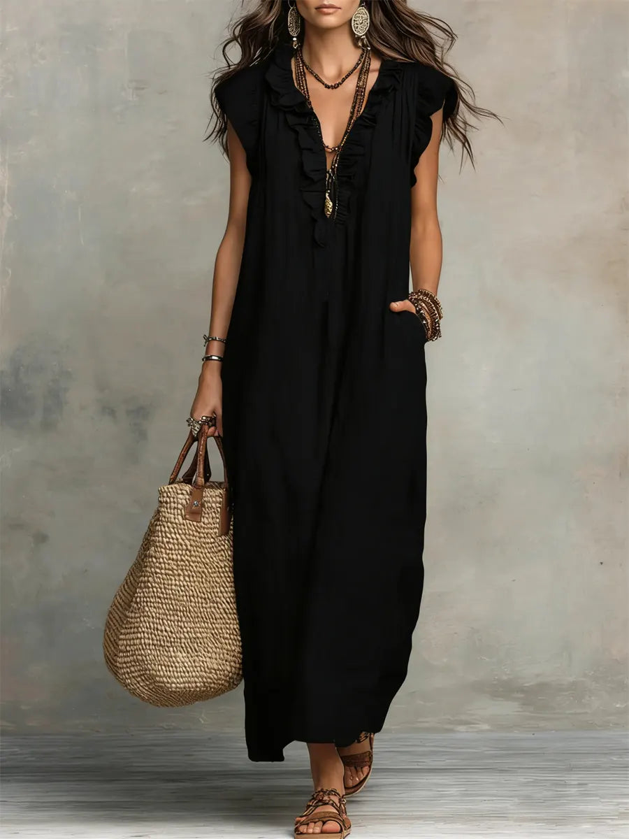 Women's bohemian maxi dress with ruffled V-neckline, cap sleeves and side pockets