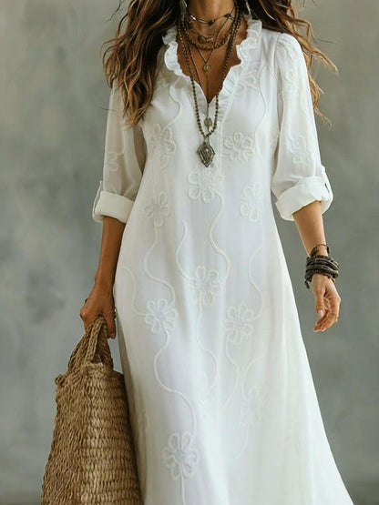 Women's floral A-line maxi dress with ruffled V-neck and long sleeves