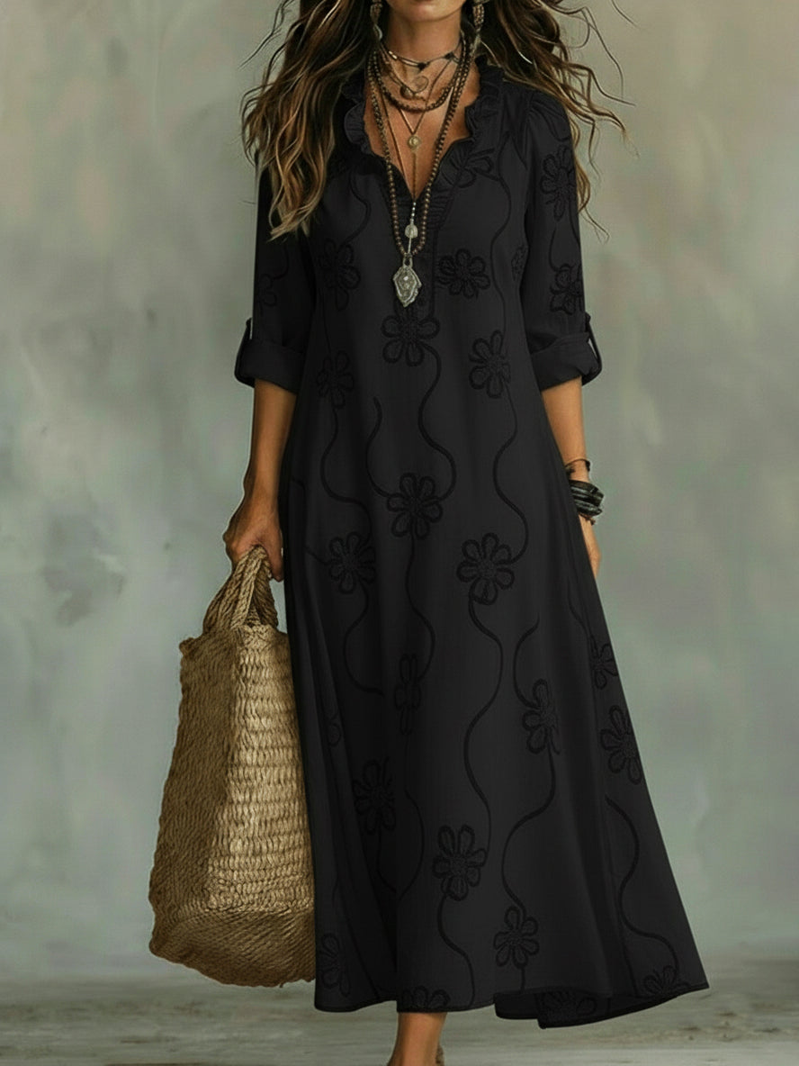 Women's floral A-line maxi dress with ruffled V-neck and long sleeves