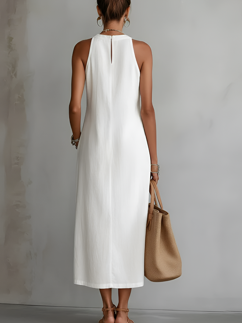 Women's sleeveless midi dress with Mandarin collar and vertical decorative trim panels
