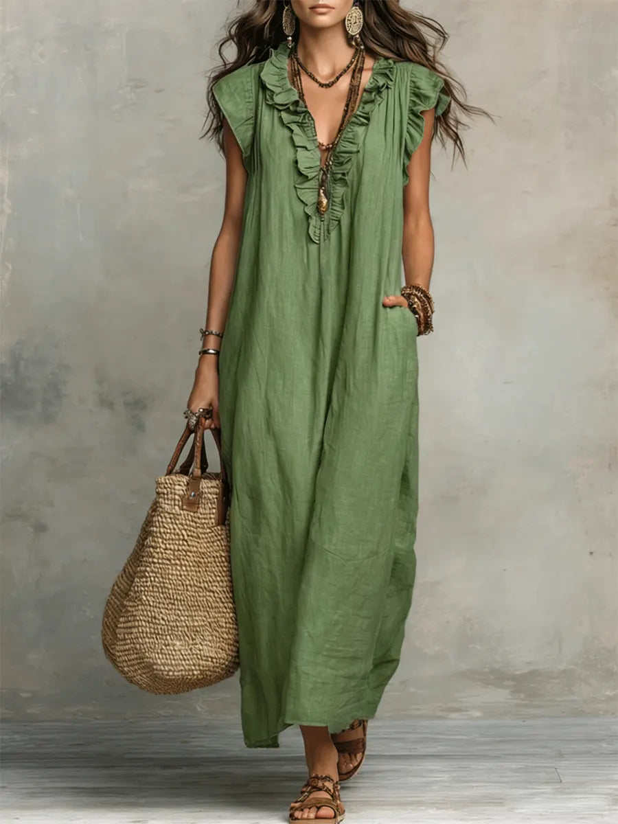 Women's bohemian maxi dress with ruffled V-neckline, cap sleeves and side pockets