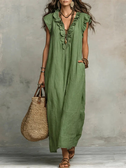 Women's bohemian maxi dress with ruffled V-neckline, cap sleeves and side pockets