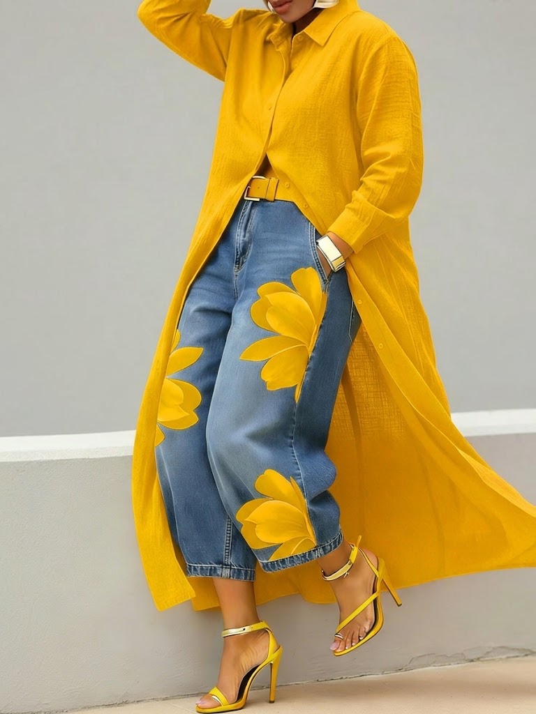 Women's long floral shirt dress worn over cropped wide-leg jeans