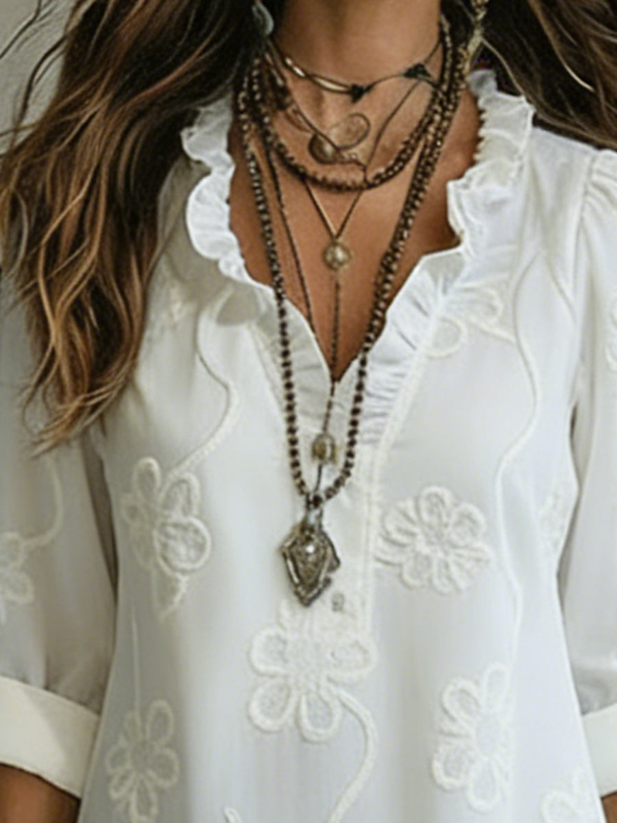 Women's floral A-line maxi dress with ruffled V-neck and long sleeves