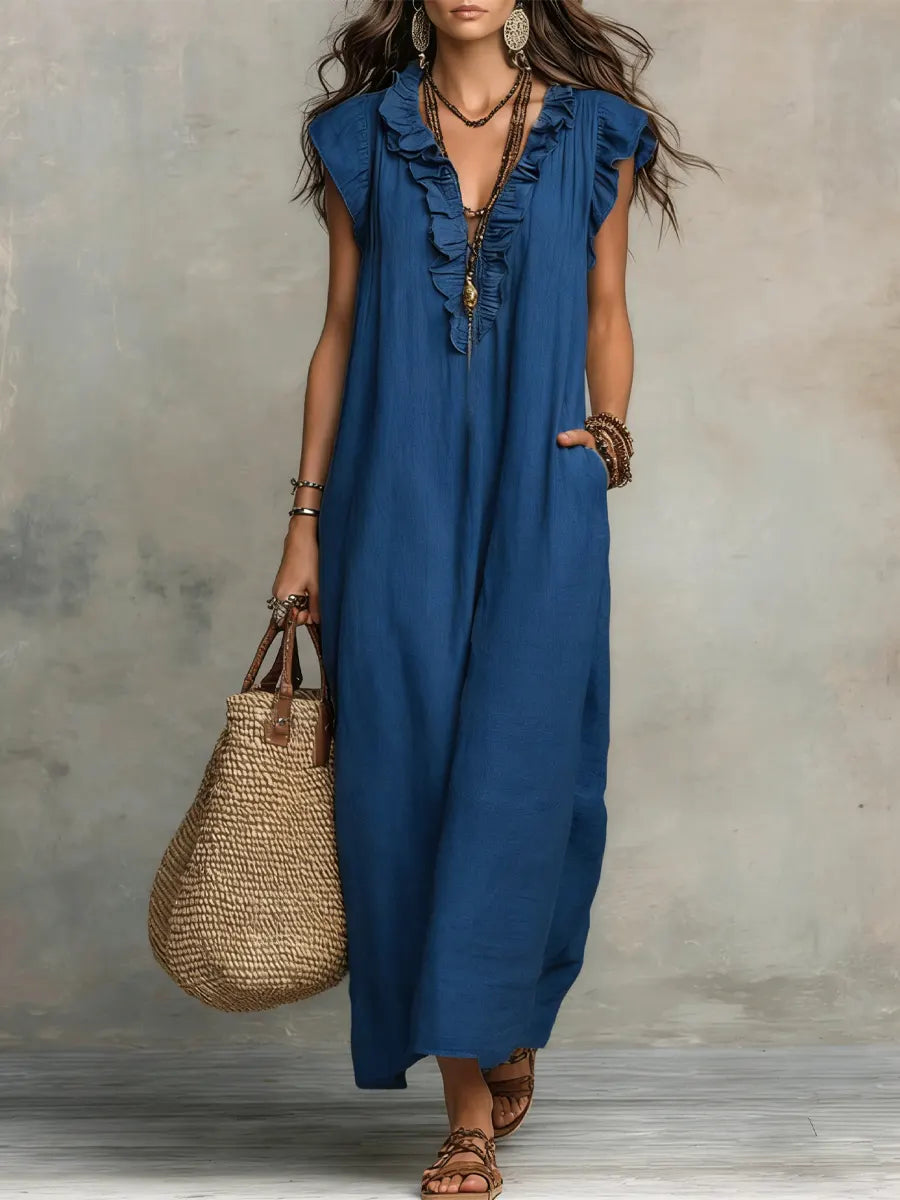 Women's bohemian maxi dress with ruffled V-neckline, cap sleeves and side pockets