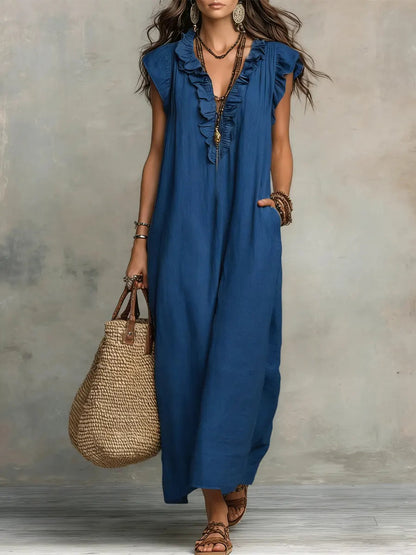 Women's bohemian maxi dress with ruffled V-neckline, cap sleeves and side pockets