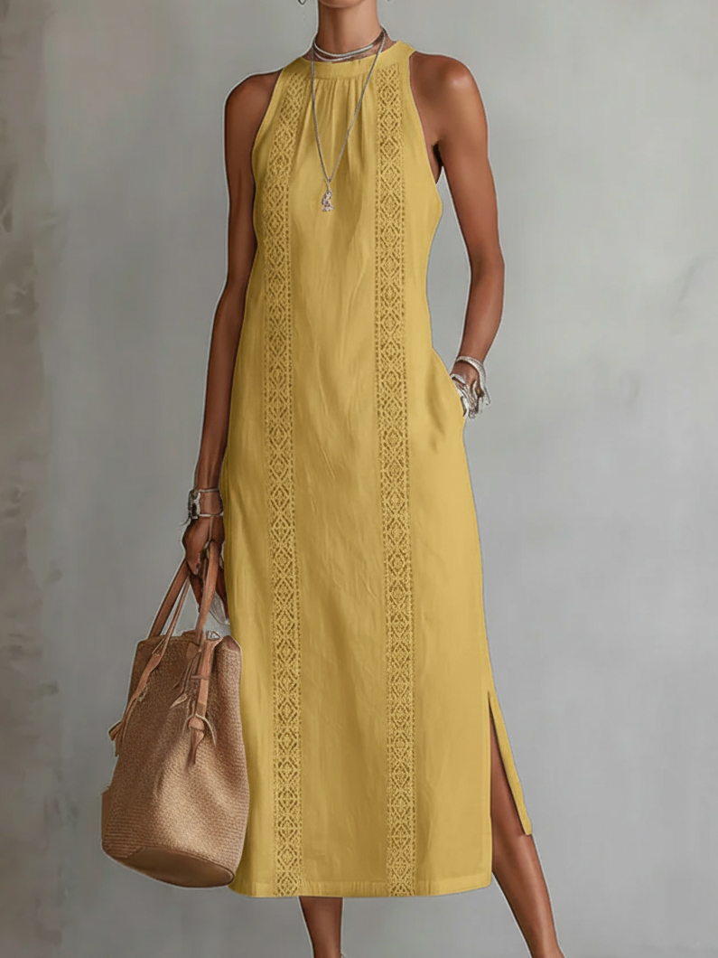 Women's sleeveless midi dress with Mandarin collar and vertical decorative trim panels