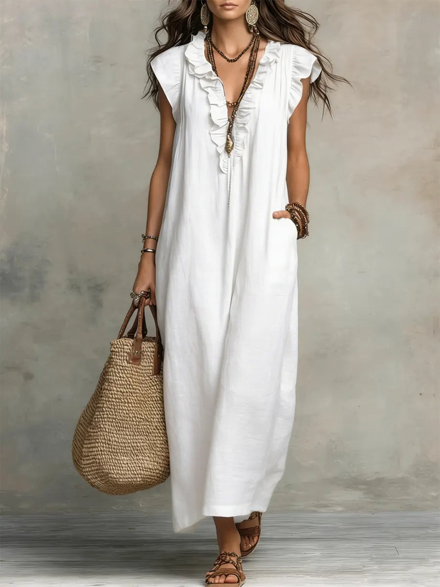 Women's bohemian maxi dress with ruffled V-neckline, cap sleeves and side pockets