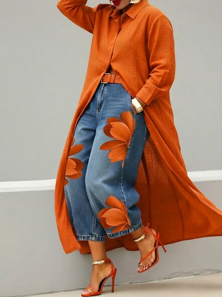 Women's long floral shirt dress worn over cropped wide-leg jeans