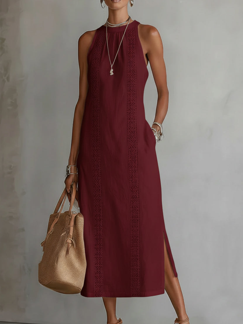 Women's sleeveless midi dress with Mandarin collar and vertical decorative trim panels