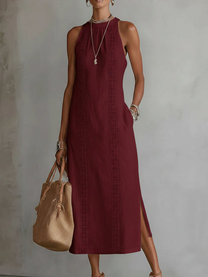 Women's sleeveless midi dress with Mandarin collar and vertical decorative trim panels