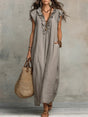 Women's bohemian maxi dress with ruffled V-neckline, cap sleeves and side pockets