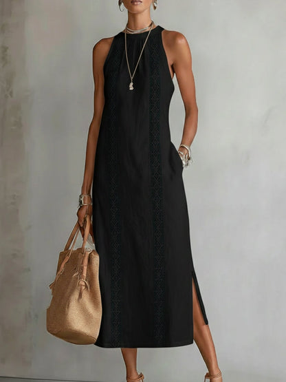 Women's sleeveless midi dress with Mandarin collar and vertical decorative trim panels