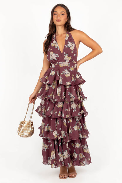 Women's purple floral halterneck maxi dress with tiered skirt