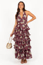Women's purple floral halterneck maxi dress with tiered skirt