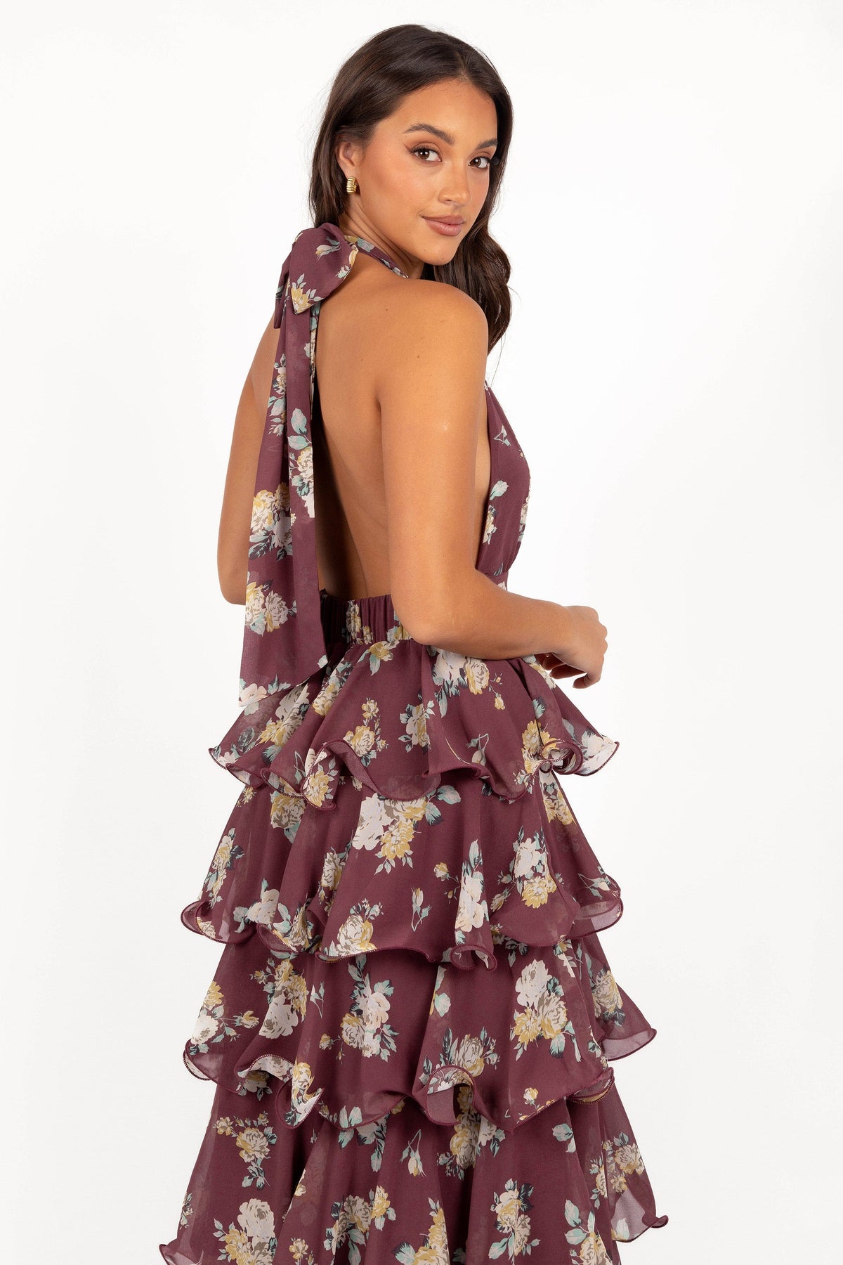 Women's purple floral halterneck maxi dress with tiered skirt