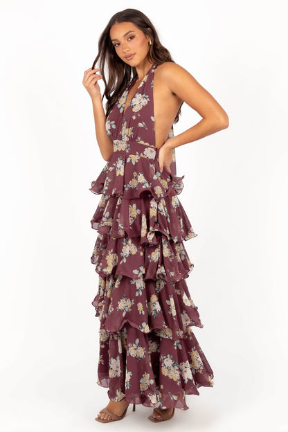 Women's purple floral halterneck maxi dress with tiered skirt