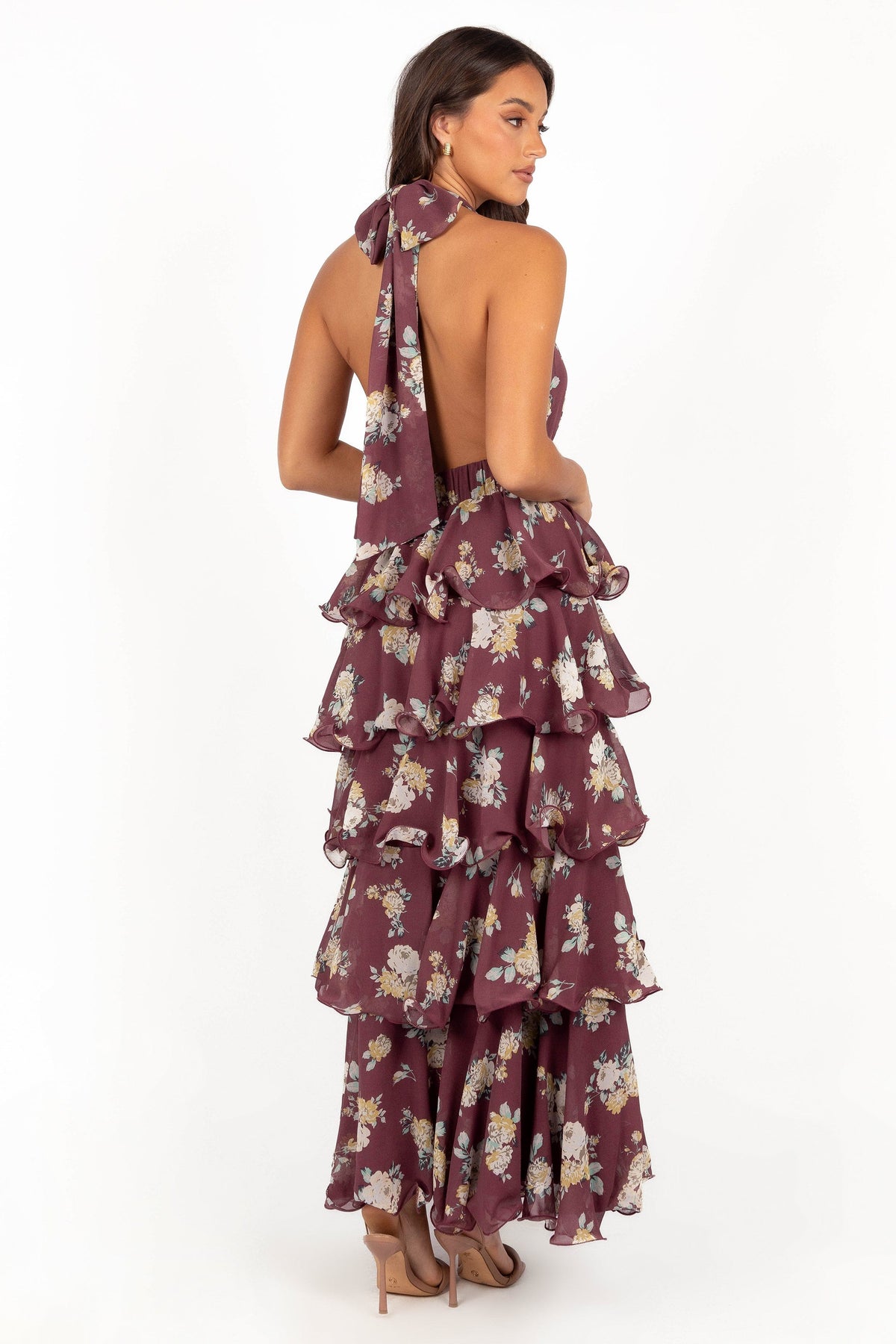 Women's purple floral halterneck maxi dress with tiered skirt