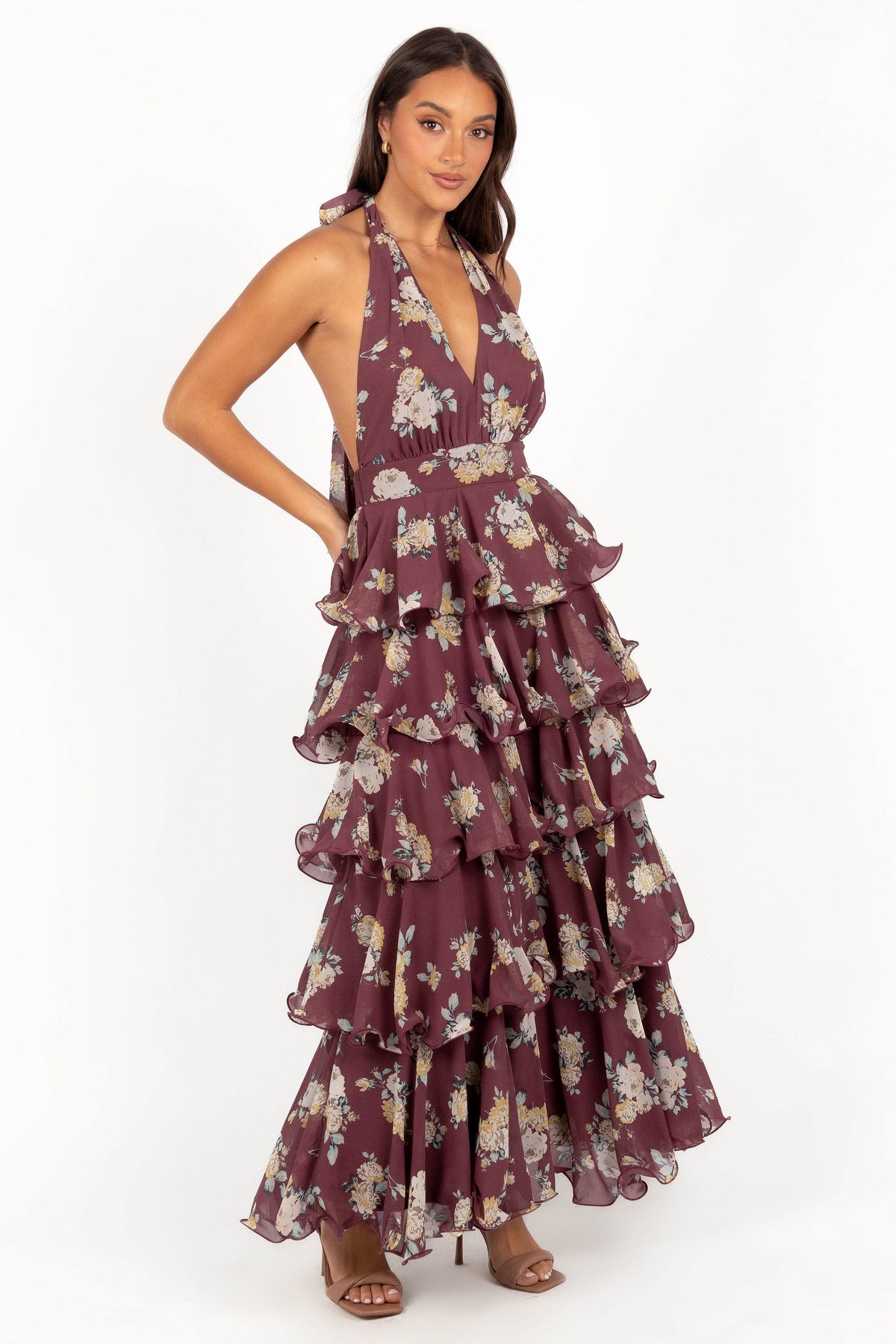 Women's purple floral halterneck maxi dress with tiered skirt