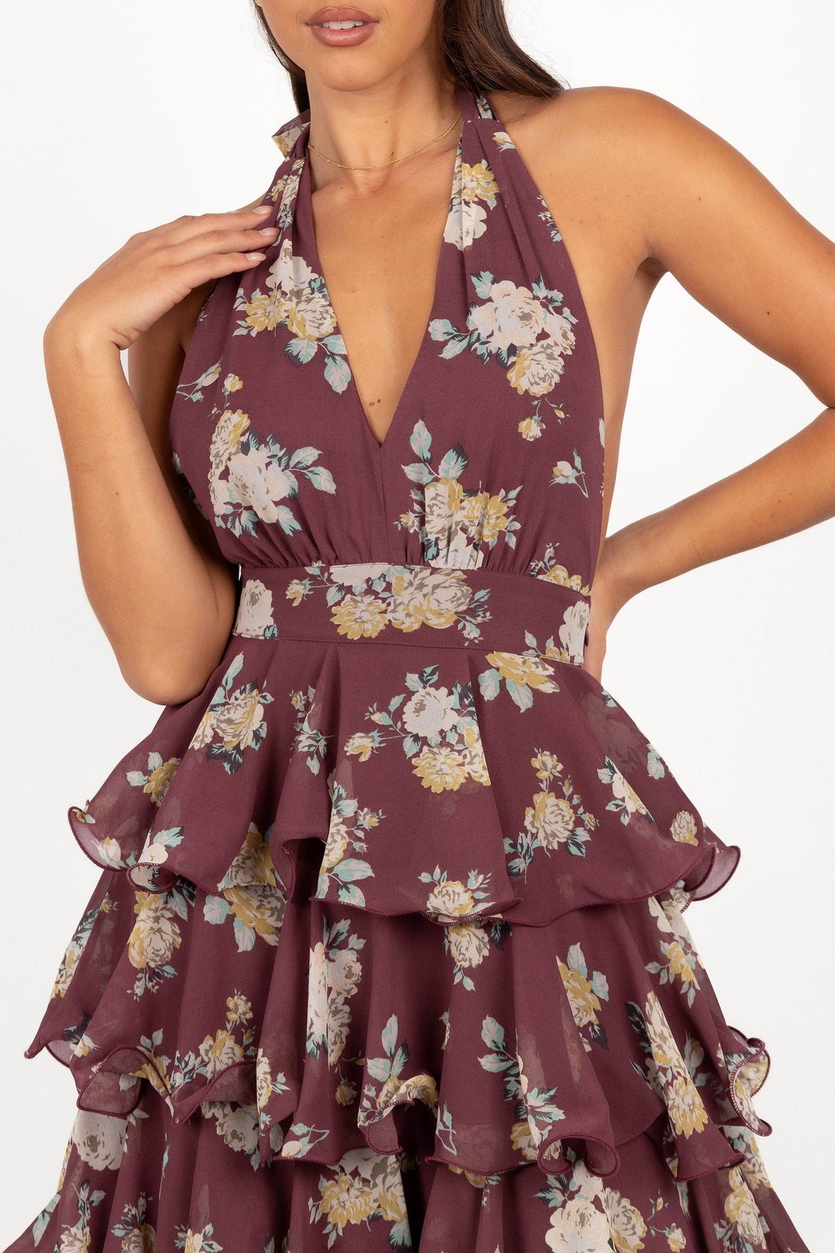 Women's purple floral halterneck maxi dress with tiered skirt