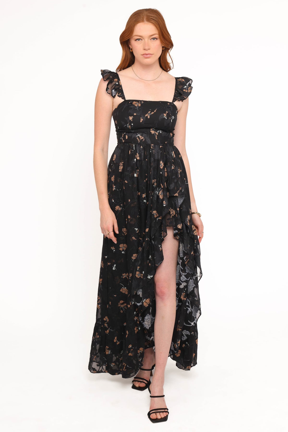 Women's black floral maxi dress with square neckline and ruffle cap sleeves