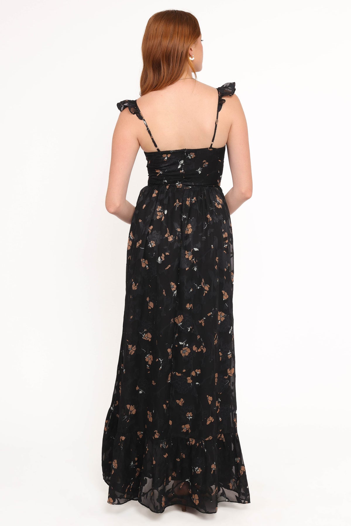 Women's black floral maxi dress with square neckline and ruffle cap sleeves