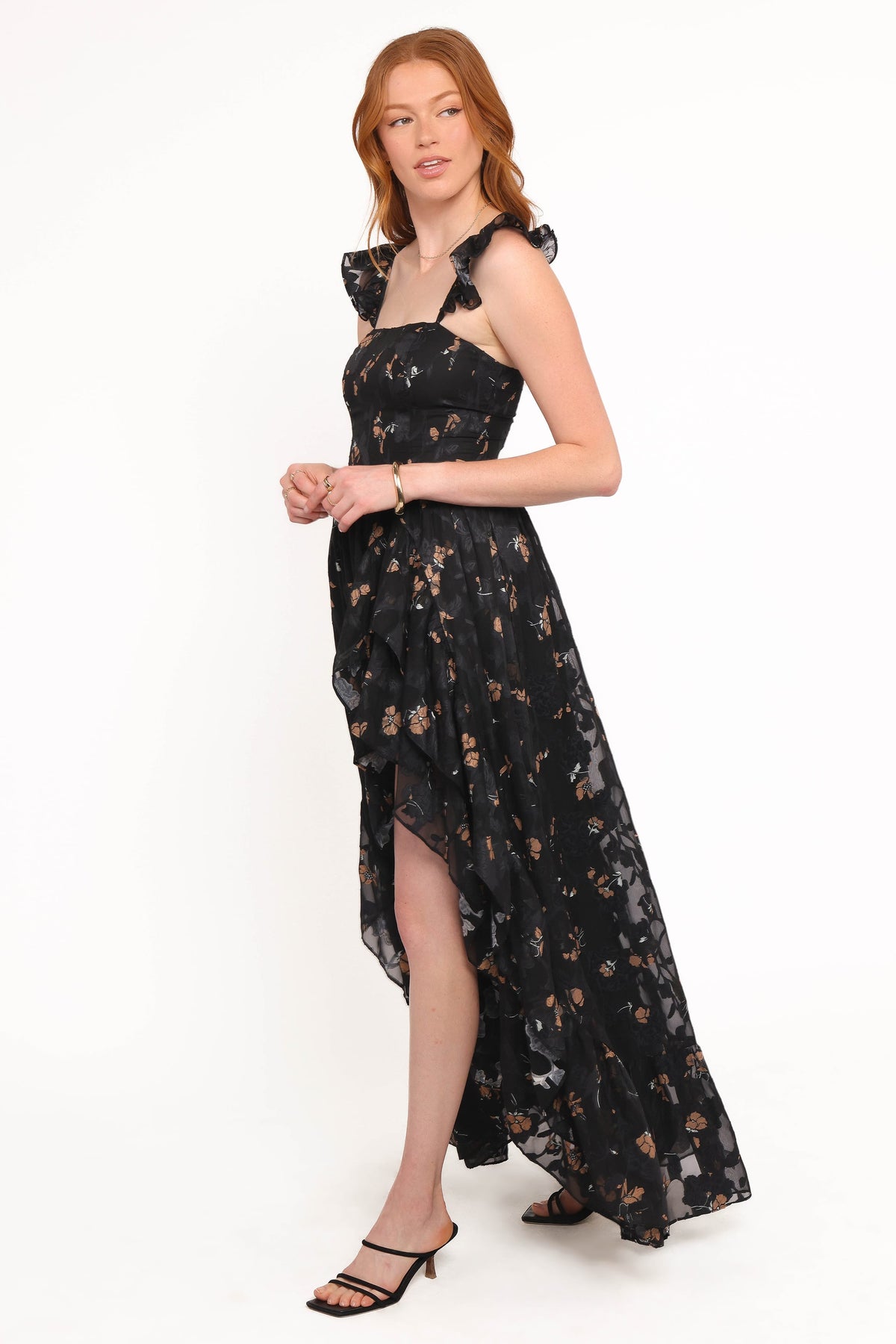 Women's black floral maxi dress with square neckline and ruffle cap sleeves