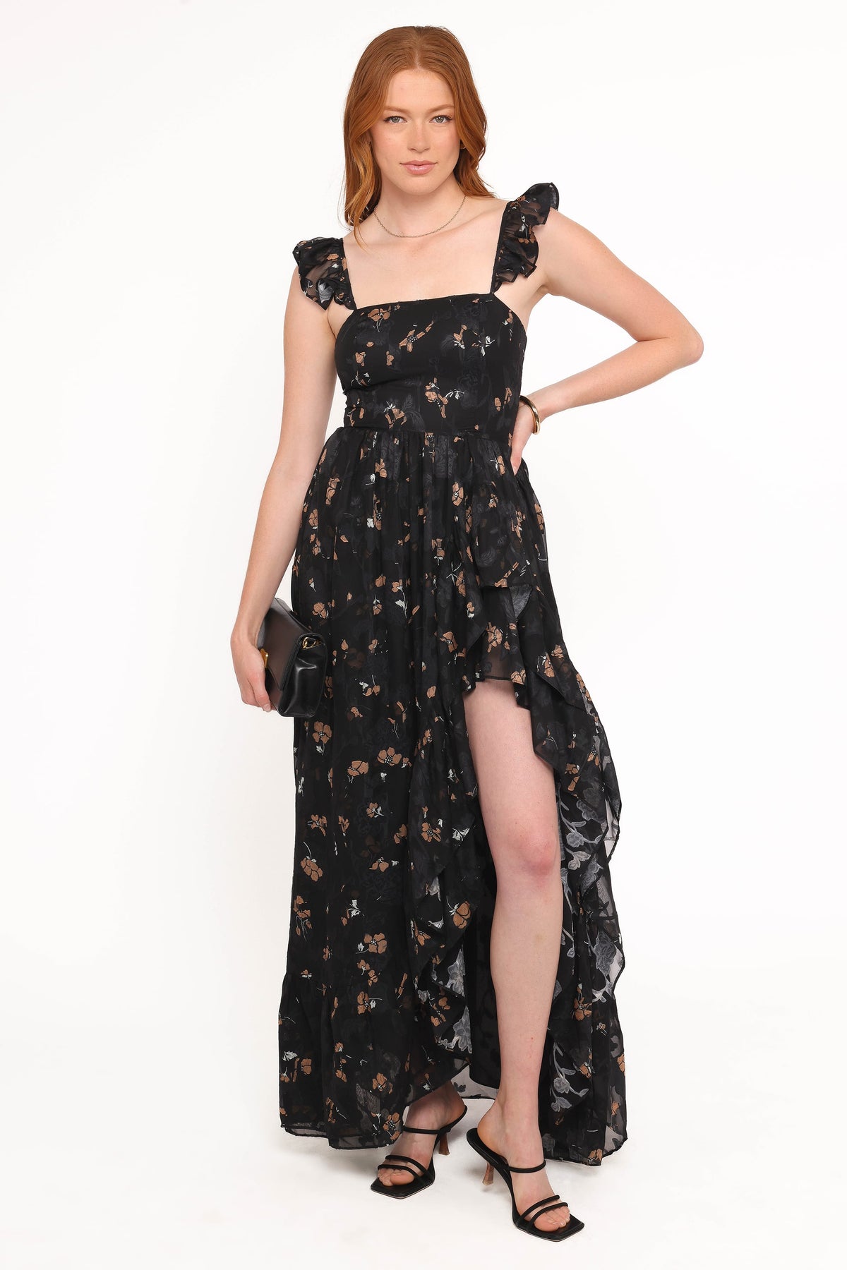 Women's black floral maxi dress with square neckline and ruffle cap sleeves