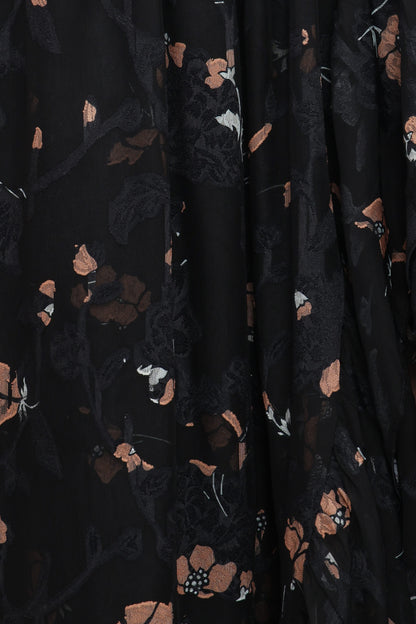 Women's black floral maxi dress with square neckline and ruffle cap sleeves