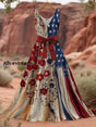 Women's multicoloured floral and star print sleeveless maxi dress with V-neck and waist bow